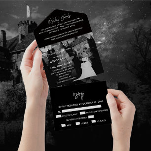 Invitación Todo En Uno Halloween Haunted House Couple Boda Octubre