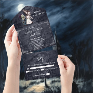 Invitación Todo En Uno Halloween Otoño Octubre Novia de Frankenstein Pare