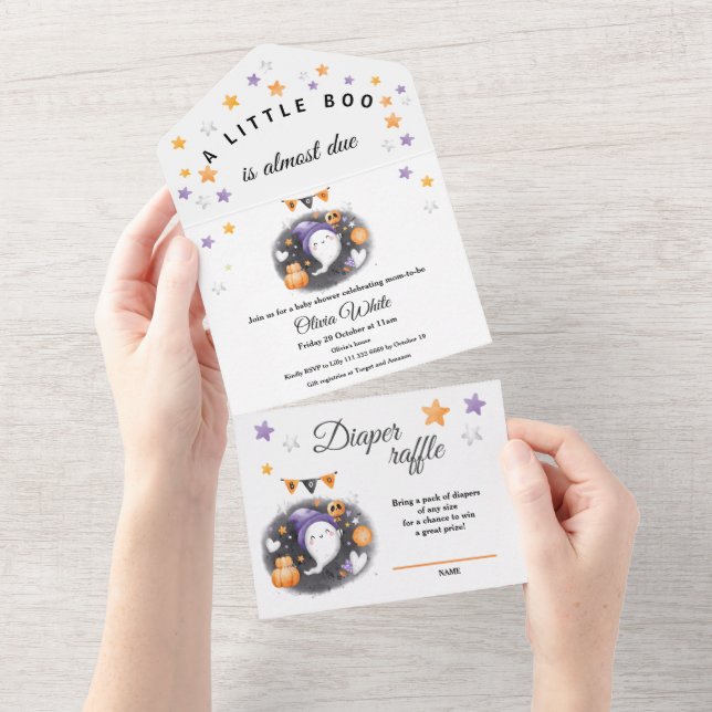 Invitación Todo En Uno Halloween Pequeño Fantasma Naranja Púrpura Baby Sh (desgarro)