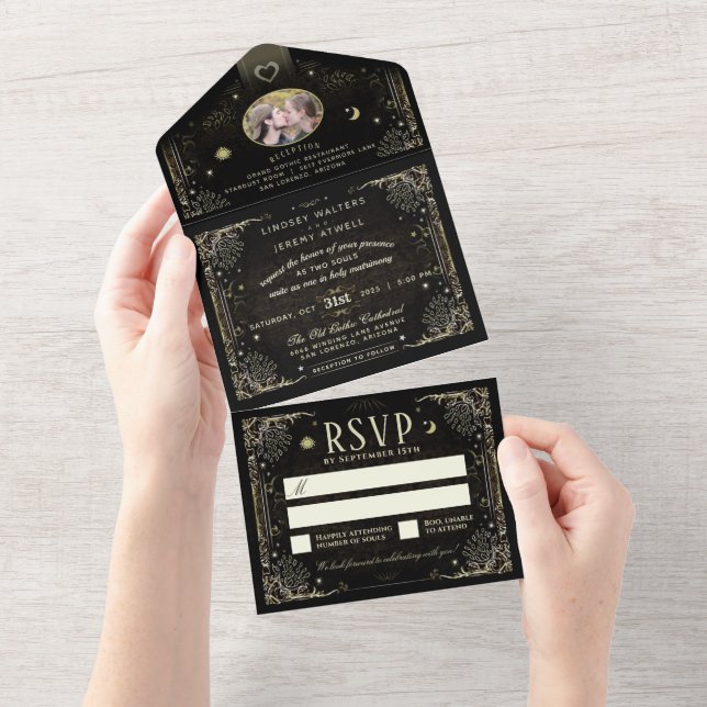 Invitación Todo En Uno Halloween Tarot Black & Gold Photo (desgarro)