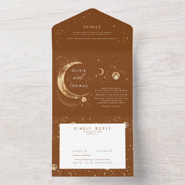 Invitación Todo En Uno Halo Celestial Estrellas Luna Mística Boda (Interior)