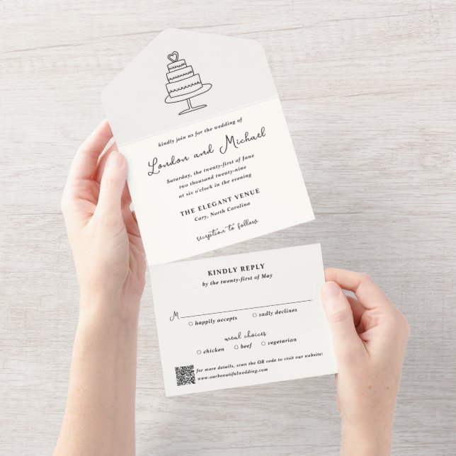 Invitación Todo En Uno Hand Drawn Cake Doodle QR Code Modern Wedding (desgarro)
