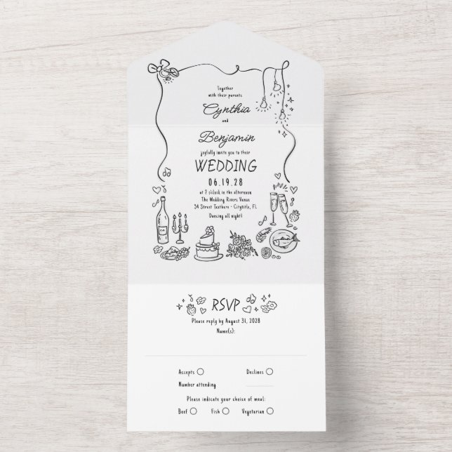 Invitación Todo En Uno Hand Drawn Doodles Funky Quirky Modern Wedding (Interior)