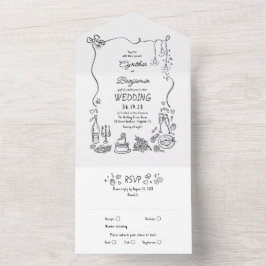 Invitación Todo En Uno Hand Drawn Doodles Funky Quirky Modern Wedding