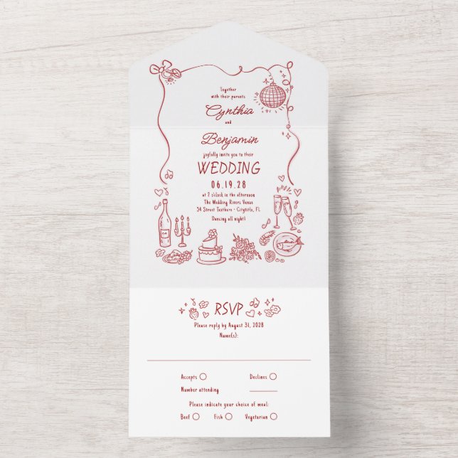 Invitación Todo En Uno Hand Drawn Doodles Funky Quirky Modern Wedding (Interior)