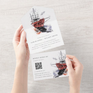 Invitación Todo En Uno Harbour Yacht Sailboat Watercolor Boda QR Code