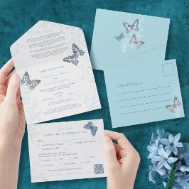 Invitación Todo En Uno harina de mariposas azul boda Detalles del código 