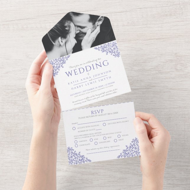 Invitación Todo En Uno harina fotográfica de hojas blancas boda RSVP (desgarro)
