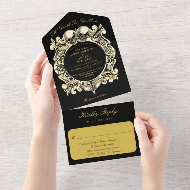 Invitación Todo En Uno Hasta la muerte Boda de Monograma Gótico Negro Y O (desgarro)