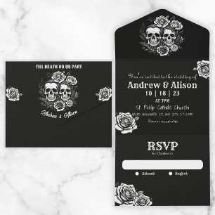 Invitación Todo En Uno Hasta que la muerte nos separe cráneo pareja rosas
