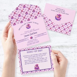 Invitación Todo En Uno Hatear pronto el bebé Dinosaurios rosados Baby Sho