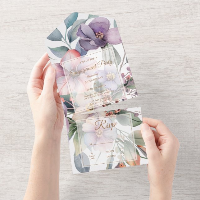 Invitación Todo En Uno Hermosa acuarela floral Partido de compromiso (desgarro)