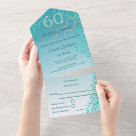 Invitación Todo En Uno Hermosa caída Purpurina Azul Verde azulado 60 cump