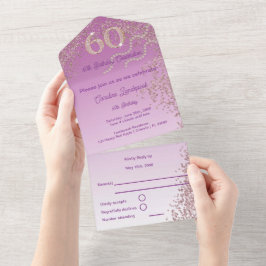 Invitación Todo En Uno Hermosa caída Rosa Purpurina de oro 60 cumpleaños