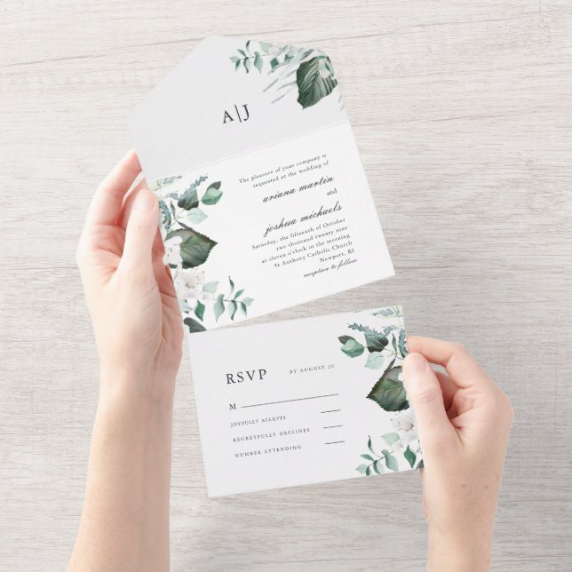 Invitación Todo En Uno Hermosa floral blanca y Boda de vegetación (desgarro)
