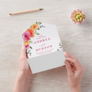 Invitación Todo En Uno Hermosa Vibrante Floral de Boda Primavera Verano