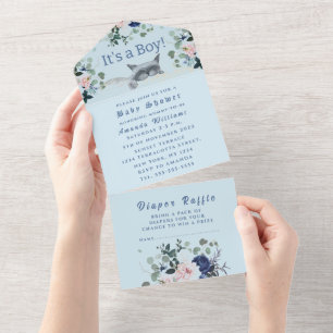 Invitación Todo En Uno Hermosas flores de gatito azul es un niño Baby Sho