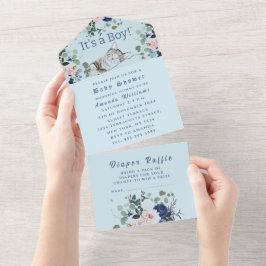 Invitación Todo En Uno Hermosas flores de gatito azul es un niño Baby Sho