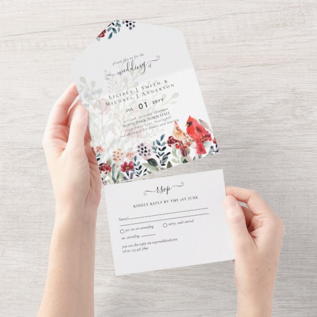Invitación Todo En Uno Hermoso Boda de Aves CARDINALES Rojas (desgarro)