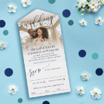 Invitación Todo En Uno Hermoso Boda de fotos con guión azul de la Marina<br><div class="desc">Todo en una invitación de boda que puedes personalizar con una foto. Con una combinación de fuentes elegantes y un guión de caligrafía en bucle en azul marino contra un fondo blanco.</div>