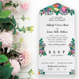 Invitación Todo En Uno Hermoso Boda floral de Rosas arcoiris
