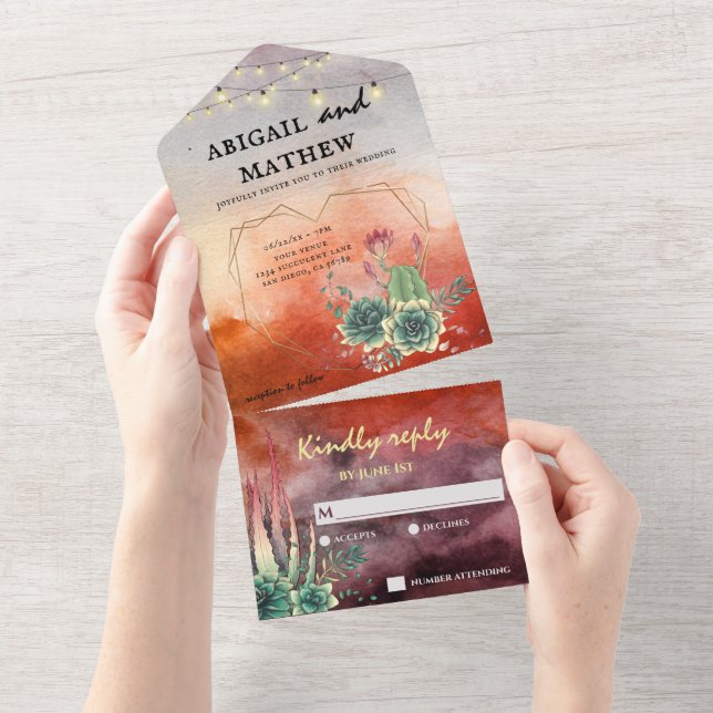 Invitación Todo En Uno Hermoso Boda Geométrico Sunset Heart (desgarro)