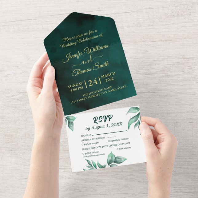 Invitación Todo En Uno Hermoso boda verde y blanco (desgarro)
