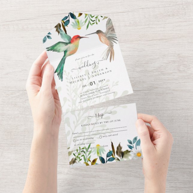 Invitación Todo En Uno Hermoso HUMMINGBIRDS Pareja Boda (desgarro)