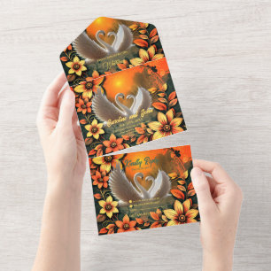 Invitación Todo En Uno Hermosos cisnes enamorados.