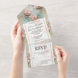 Invitación Todo En Uno Hermosos Rosas románticos rosados de Rubor