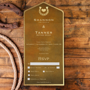 Invitación Todo En Uno Herradura Occidental y Cena Dorada y Marrón Corazó