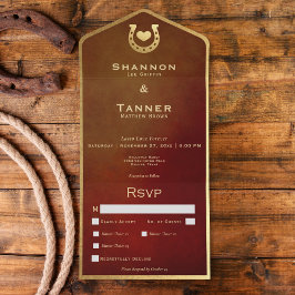 Invitación Todo En Uno Herradura Occidental y Corazón Borgoña y Cena de O