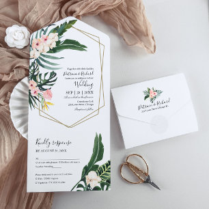 Invitación Todo En Uno Hibisco de Hojas de Palma Tropical Geométrico Boda