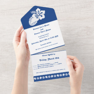 Invitación Todo En Uno Hibiscus tropical en azul