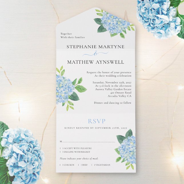 Invitación Todo En Uno Hidrangea Azul Acuarela Boda Floral (Subido por el creador)