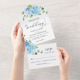 Invitación Todo En Uno Hidrangea Azul Luz Boda Botánico Floral