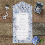 Invitación Todo En Uno Hidrangea azul moderna florece cena borrosa<br><div class="desc">Este diseño presenta florecimiento de hidrangea azul de guijarros perennes a gran escala alrededor de un cuadro de texto blanco ligeramente borroso. Las invitaciones todo en uno personalizadas son una combinación única de una invitación personalizado bien impresa y una postal RSVP fácil de desgarrar. ¡Y son tan fáciles de usar!...</div>