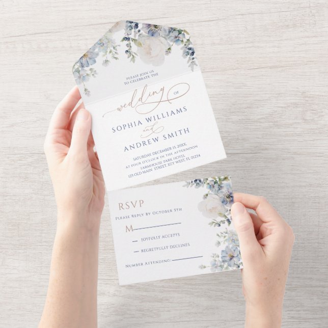 Invitación Todo En Uno Hidrangea azul y Boda Rosa (desgarro)