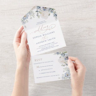 Invitación Todo En Uno Hidrangea azul y Boda Rosa