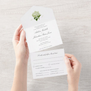Invitación Todo En Uno Hidrangea blanca y verde todo en uno