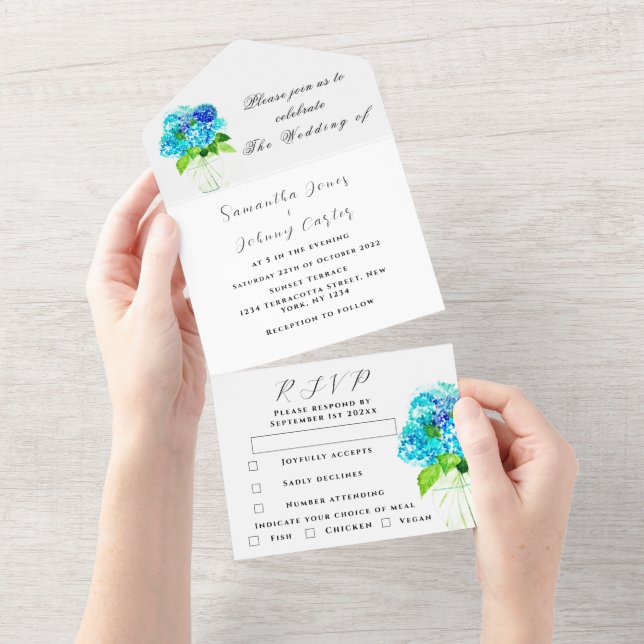 Invitación Todo En Uno Hidrangea Hidracusia Boda floral azul (desgarro)