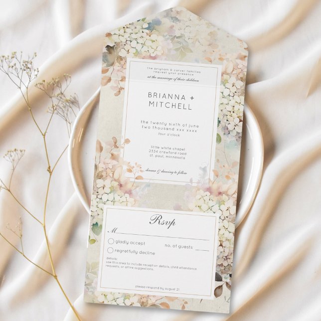 Invitación Todo En Uno Hidrángulos Neutrales Románticos No Cena (Romantic Neutral Vintage Hydrangeas No Dinner All In One Invitation)