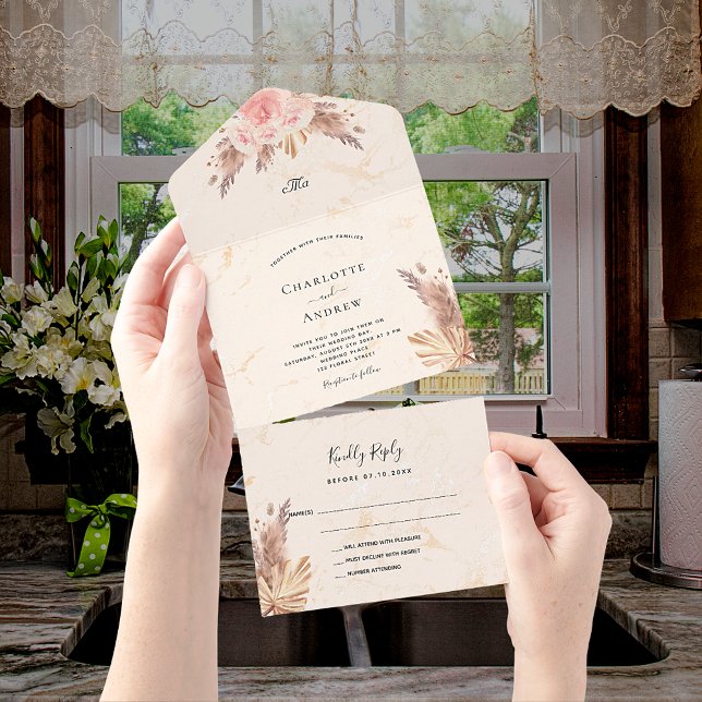 Invitación Todo En Uno hierba de pampas rosa rubor floral mármol boda (Subido por el creador)