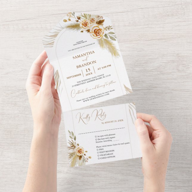 Invitación Todo En Uno hierba Pampas boda tropical bohemio elegante (desgarro)