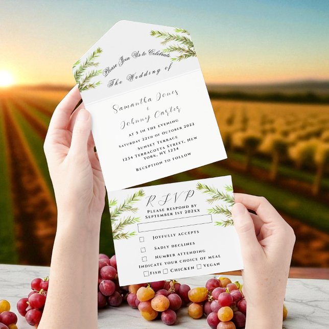 Invitación Todo En Uno Hierbas verdes acuarela vegetación Boda Rosemary (Subido por el creador)