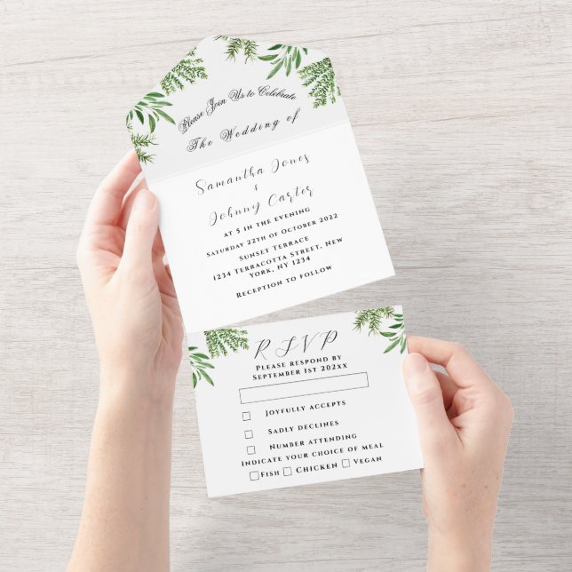 Invitación Todo En Uno Hierbas verdes acuarela vegetación Sage Thyme Boda (desgarro)
