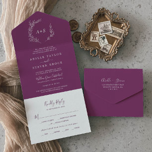 Invitación Todo En Uno Hoja mínima Boda Berry Purple