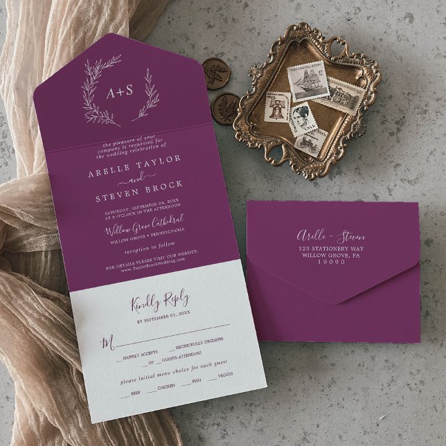Invitación Todo En Uno Hoja mínima | Boda Berry Purple (Subido por el creador)