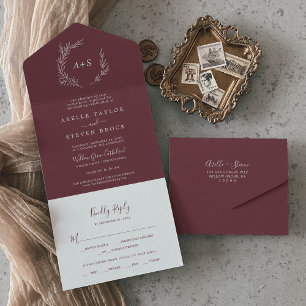 Invitación Todo En Uno Hoja mínima   Boda de Borgoña