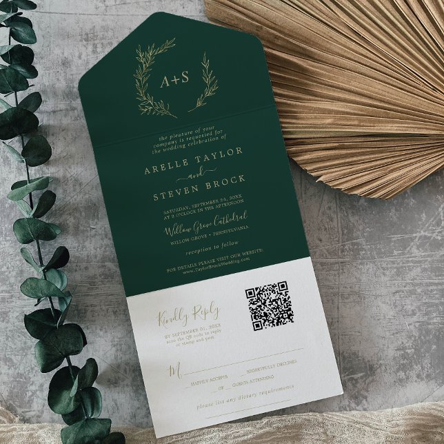 Invitación Todo En Uno Hoja mínima | Boda de código QR Gold y Emerald (Subido por el creador)